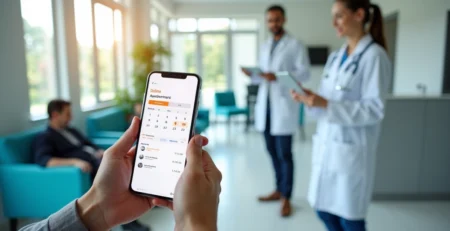 Paciente usando celular para agendar consulta médica online