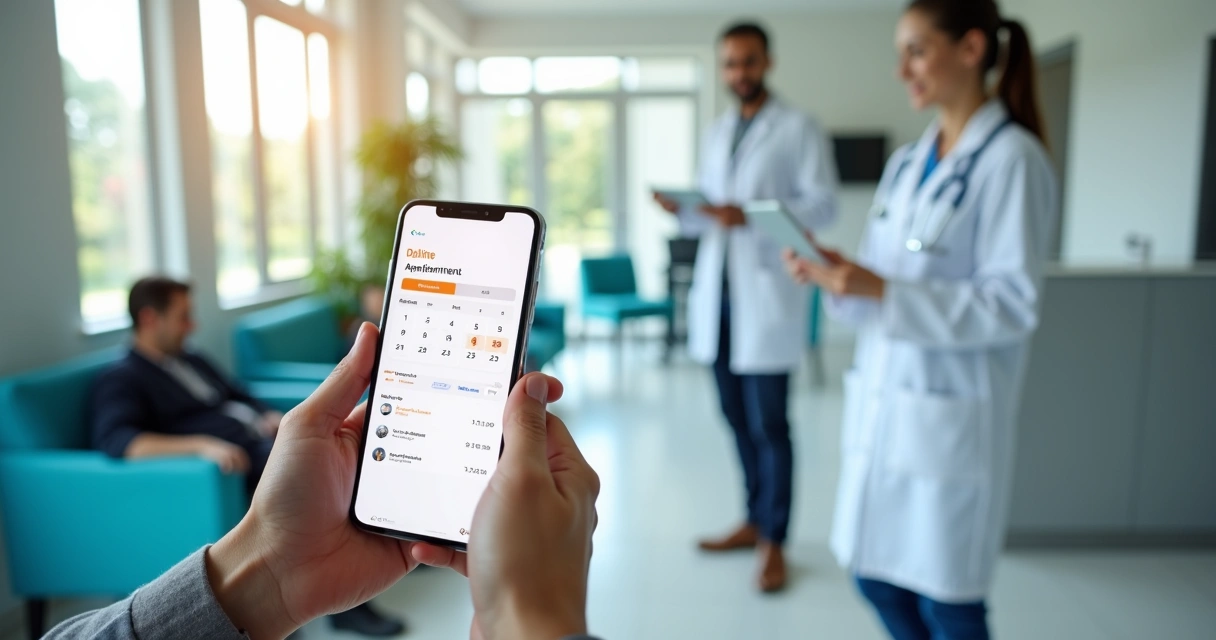 Paciente usando celular para agendar consulta médica online