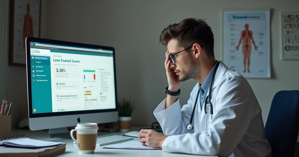 Estudante de medicina consultando resultado preocupante no computador 