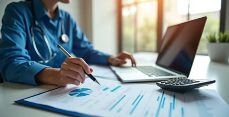 Profissional da saúde avaliando gráficos e documentos sobre grupos de risco em seguro DIT com computador e calculadora sobre mesa de escritório moderna