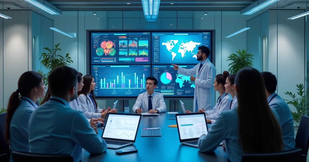 Equipe médica analisa gráficos com dados preditivos de pacientes 