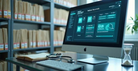 Prontuários médicos físicos e digitais lado a lado destacando organização e prazo de guarda