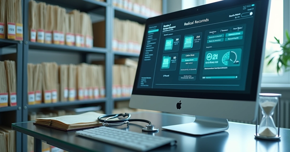 Prontuários médicos físicos e digitais lado a lado destacando organização e prazo de guarda