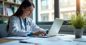 Profissional revisando protocolos internos em escritório moderno com documentos e laptop