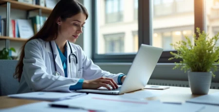 Profissional revisando protocolos internos em escritório moderno com documentos e laptop