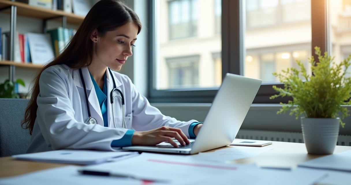 Profissional revisando protocolos internos em escritório moderno com documentos e laptop