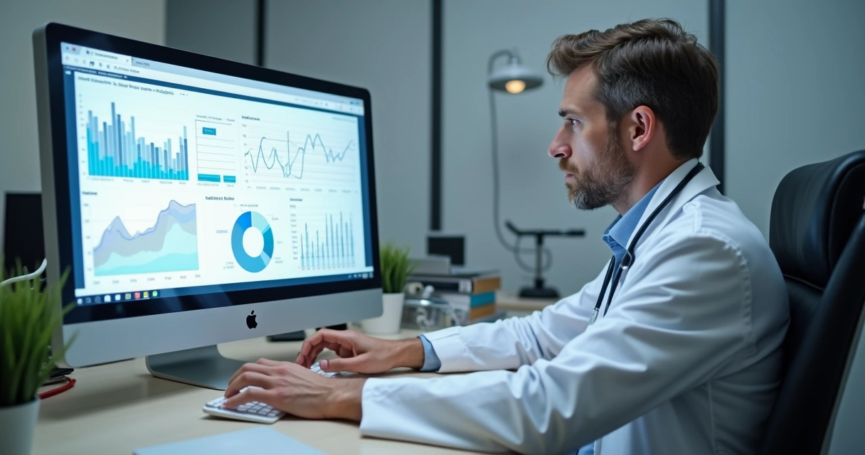 Médico analisando gráficos de captação e retorno de pacientes em uma tela de computador 