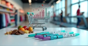 Canetas de emagrecimento ao lado de alimentos, roupas e gráficos econômicos