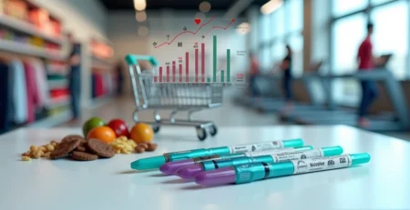 Canetas de emagrecimento ao lado de alimentos, roupas e gráficos econômicos