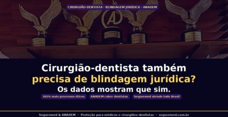 Cirurgião-dentista em consultório cercado por símbolos de proteção jurídica digital