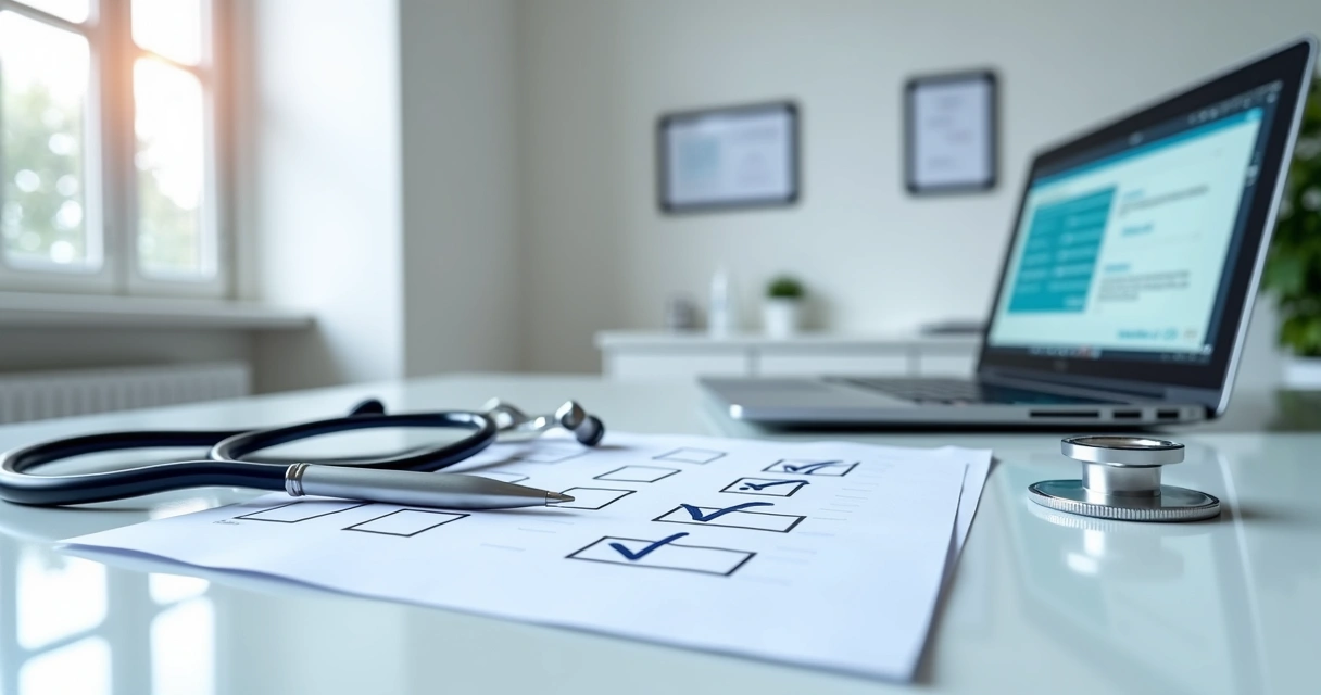 Mesa de escritório com checklist de compliance para clínica médica, caneta, laptop aberto e estetoscópio