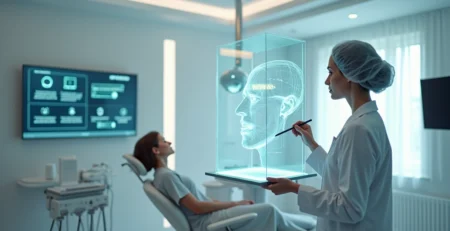 Dentista especializado em cirurgia estética orofacial planejando procedimento em modelo 3D do rosto do paciente