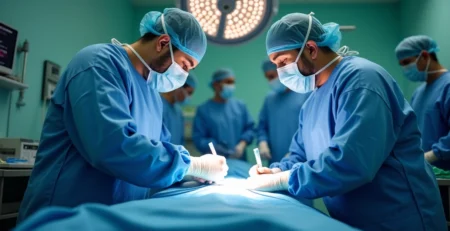 Médico cirurgião plástico em ambiente clínico com equipamentos cirúrgicos e equipe de apoio preparando paciente
