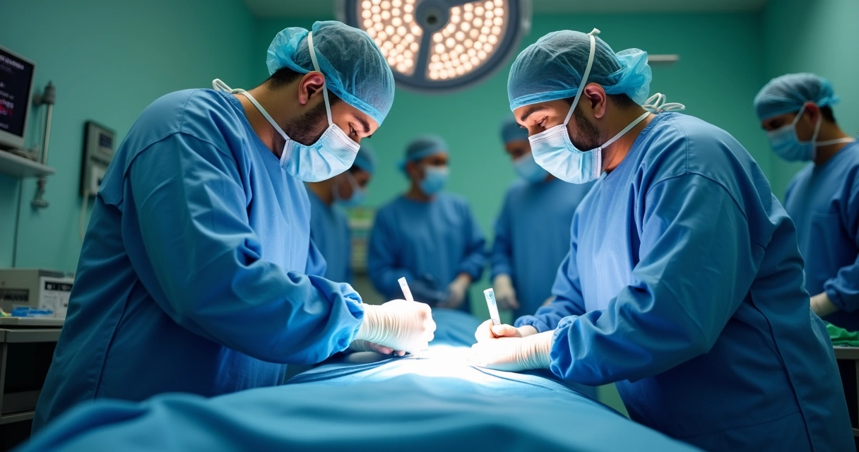 Médico cirurgião plástico em ambiente clínico com equipamentos cirúrgicos e equipe de apoio preparando paciente