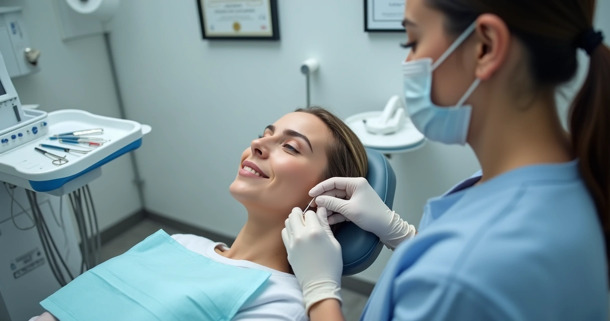 Cirurgião-dentista realizando implante de fios de sustentação facial em paciente sentado 