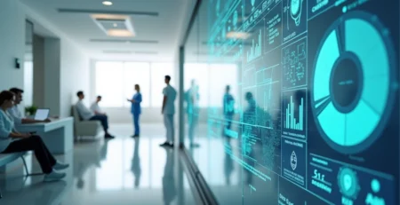 Corredor de clínica moderna com painel digital exibindo dados e ícones de IA e pacientes
