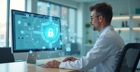 Profissional de saúde em consultório protegido por escudo digital com dados de pacientes flutuando.