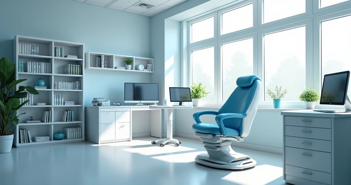 Consultório médico moderno e organizado com computadores. 