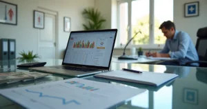 Gestor de clínica médica analisando painel financeiro digital em escritório moderno