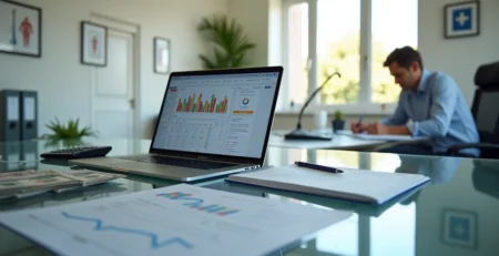 Gestor de clínica médica analisando painel financeiro digital em escritório moderno