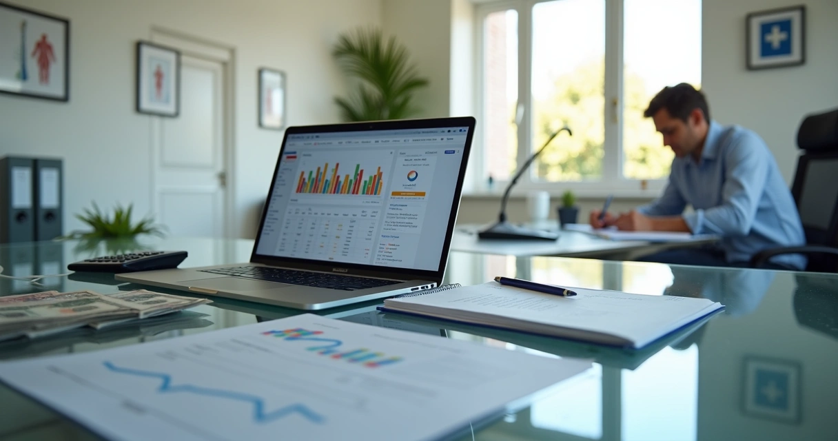 Gestor de clínica médica analisando painel financeiro digital em escritório moderno