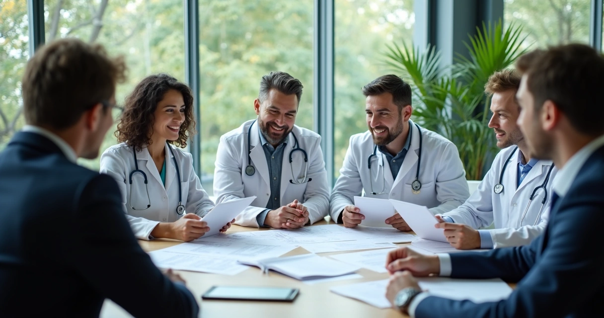 Equipe médica e advogados reunidos em clínica 