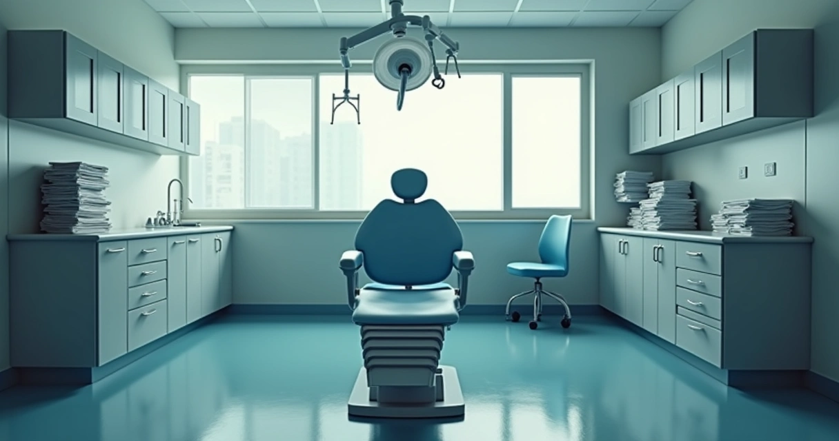 Consultório médico vazio com luz suave e cadeira central 