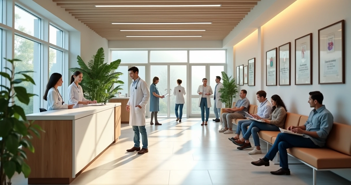 Recepção moderna de clínica multidisciplinar com equipe de profissionais conversando e pacientes aguardando atendimento