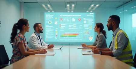 Equipe em clínica médica avaliando painéis digitais de conformidade NR-1 e riscos trabalhistas