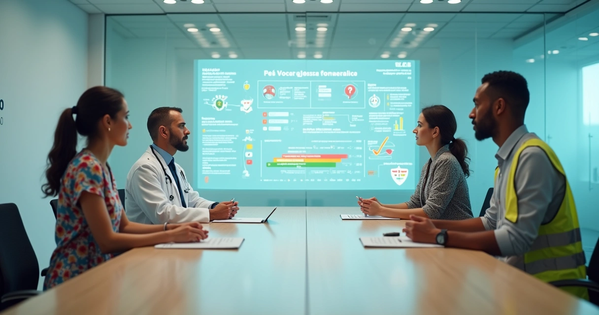 Equipe em clínica médica avaliando painéis digitais de conformidade NR-1 e riscos trabalhistas
