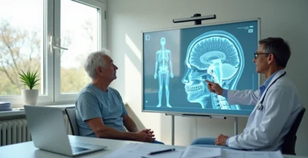 Médico segurando exame de ressonância ao lado de paciente em consultório moderno