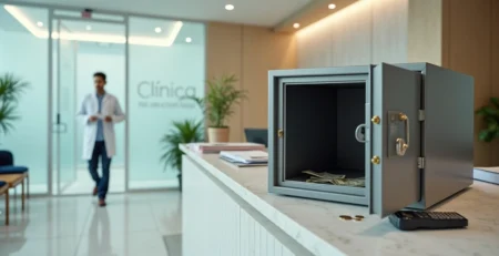 Cofre aberto vazio ao lado de interior de clínica moderna