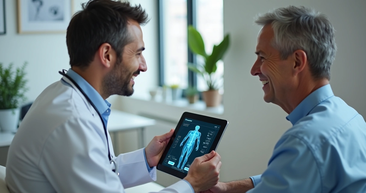 Médico conversa com paciente explicando uso da tecnologia 