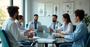 Equipe clínica discutindo estratégias para resolver conflito em sala de reunião moderna