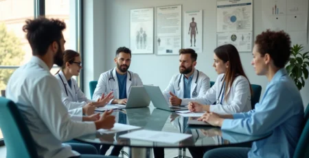 Equipe clínica discutindo estratégias para resolver conflito em sala de reunião moderna