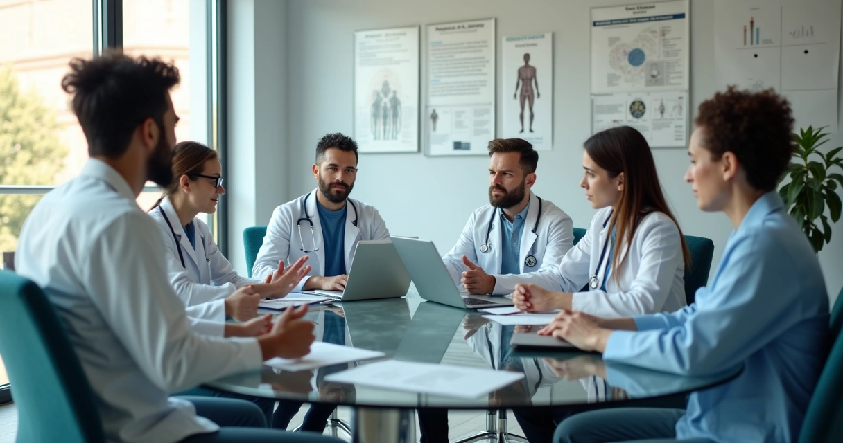 Equipe clínica discutindo estratégias para resolver conflito em sala de reunião moderna