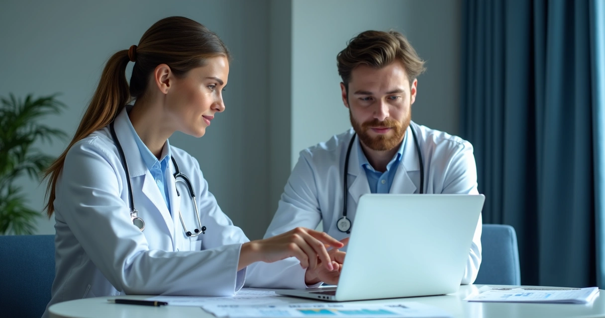 Médico conversando com corretora sobre seguro, ambos analisando gráficos no notebook. 