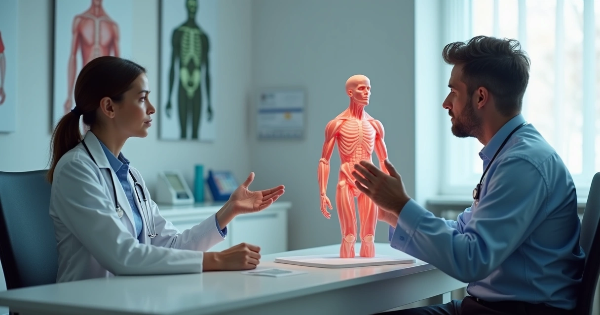 Médico conversando com paciente em consultório explicando cirurgia. 
