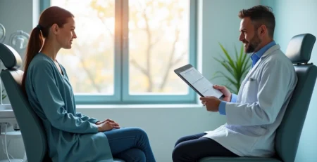 Consulta médica detalhada antes de cirurgia em ambiente clínico iluminado e moderno