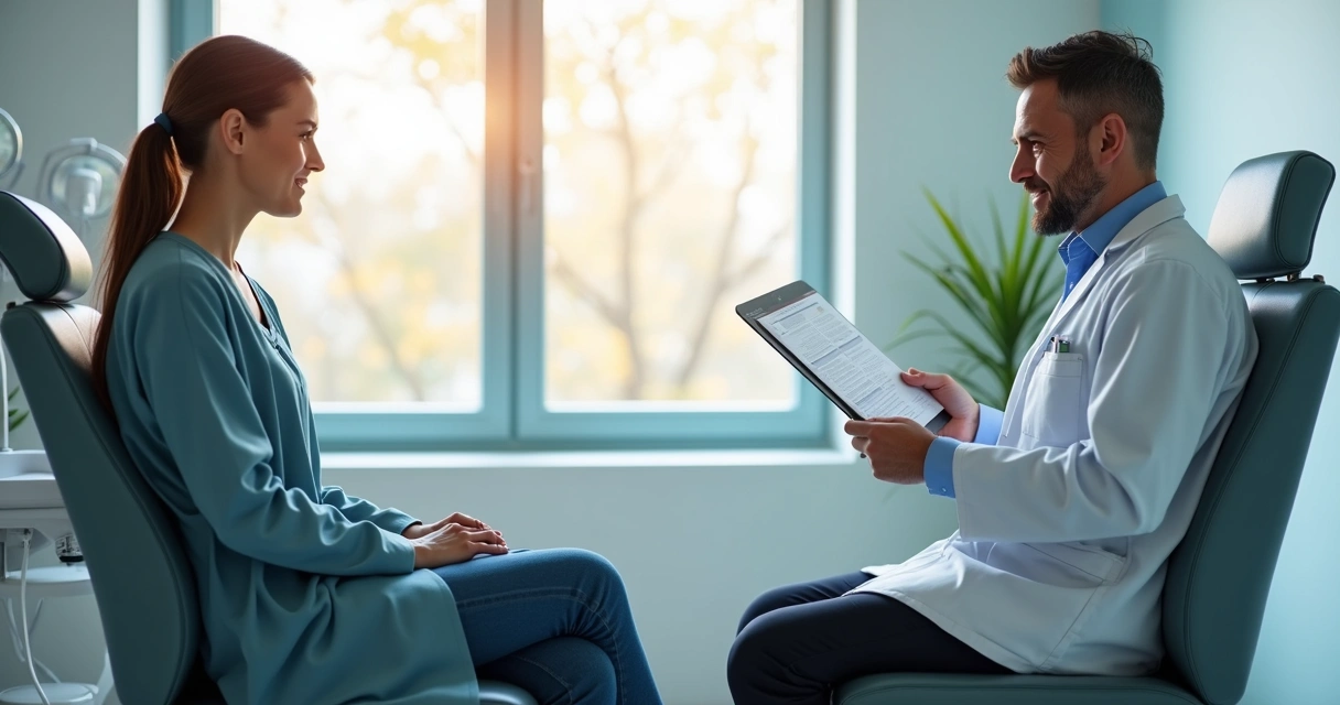 Consulta médica detalhada antes de cirurgia em ambiente clínico iluminado e moderno