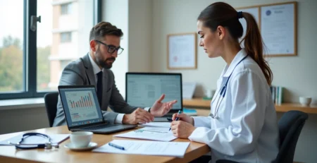 Consultor de riscos em reunião com médica em consultório moderno