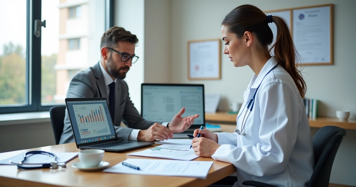 Consultor de riscos em reunião com médica em consultório moderno