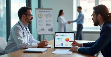 Médico em consultoria de riscos com especialista em seguros analisando gráficos em um escritório moderno