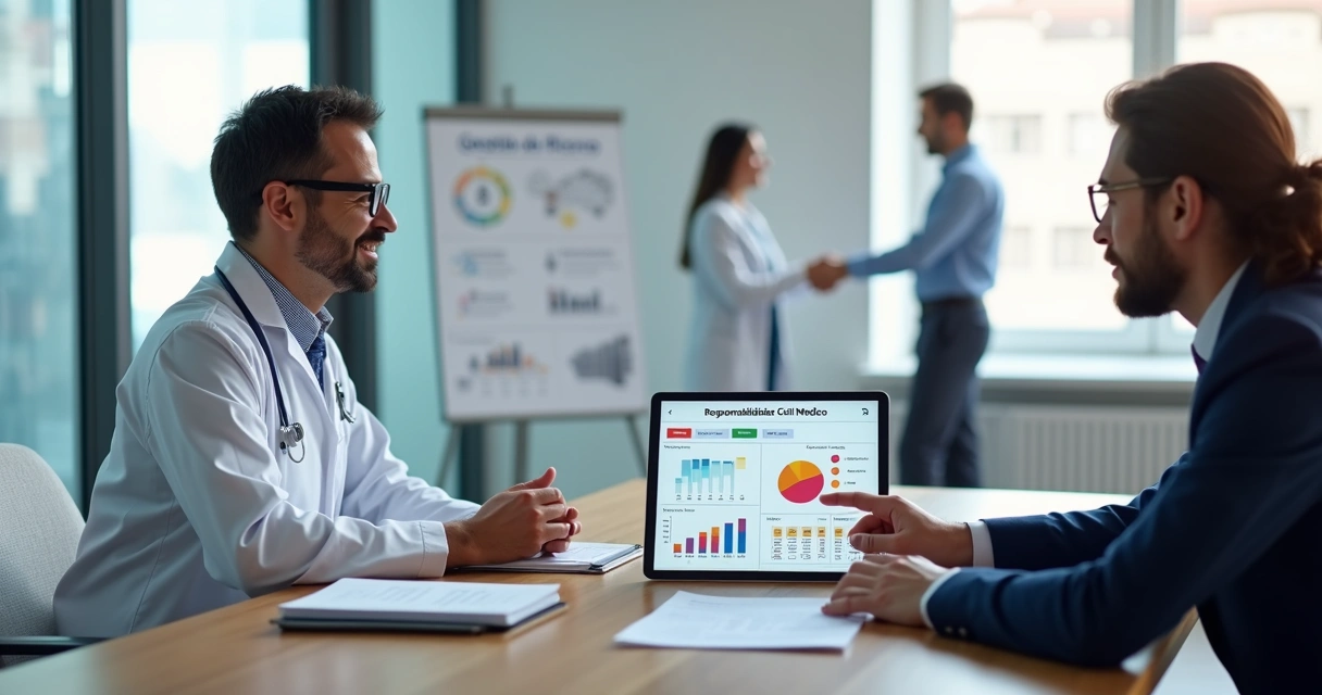 Médico em consultoria de riscos com especialista em seguros analisando gráficos em um escritório moderno