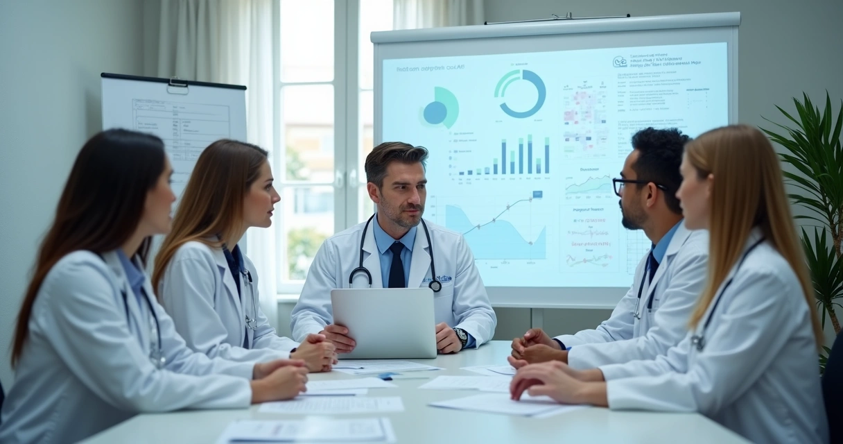 Médicos e administradores revisando gráficos de desempenho em sala de reunião de clínica médica