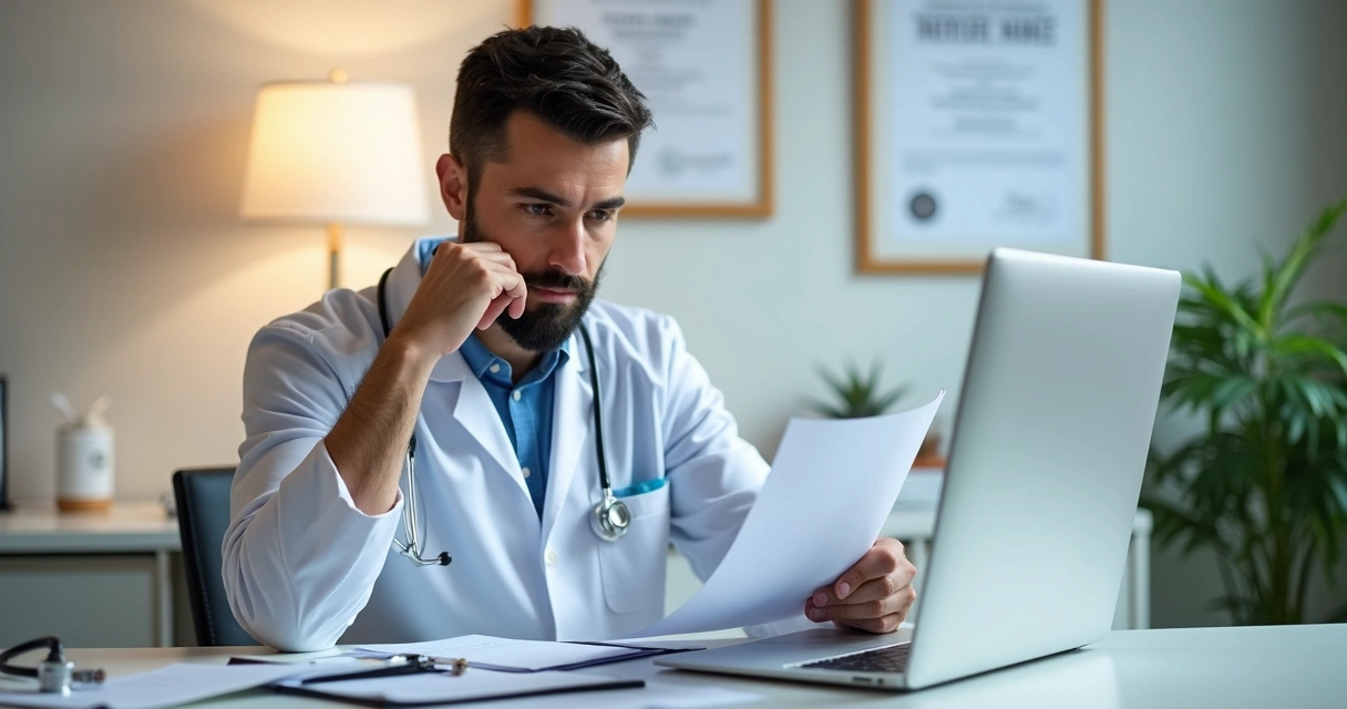 Profissional de saúde olhando documentos em consultório com objetos médicos ao redor 