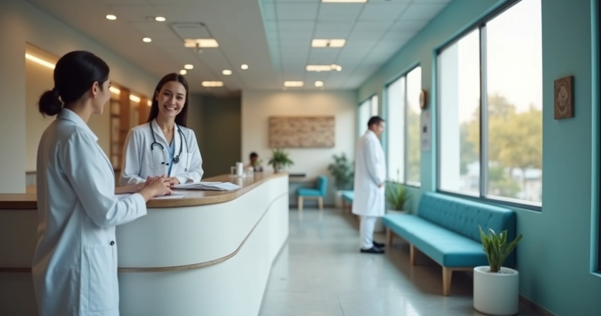 Recepção de clínica médica moderna com paciente sendo atendido por recepcionista e médico ao fundo 