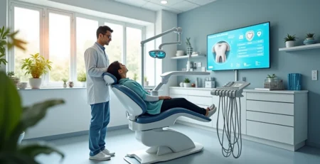 Consultório odontológico moderno com dentista atendendo paciente em ambiente limpo e seguro