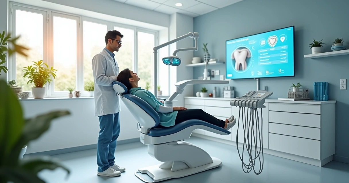 Consultório odontológico moderno com dentista atendendo paciente em ambiente limpo e seguro