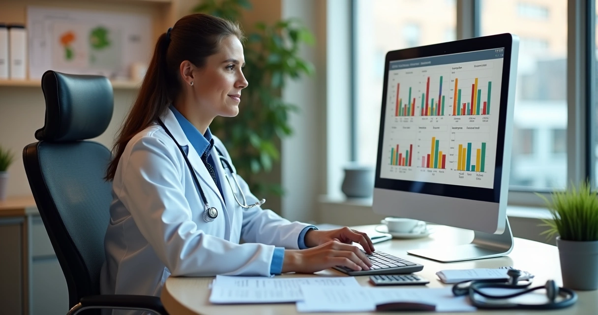 Profissional da saúde analisando gráficos financeiros em consultório 